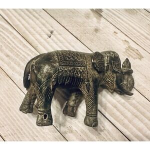 Vintage Cast Metal Elephant Figurine Ornate Detailed Trunk Up Good Luck Statue